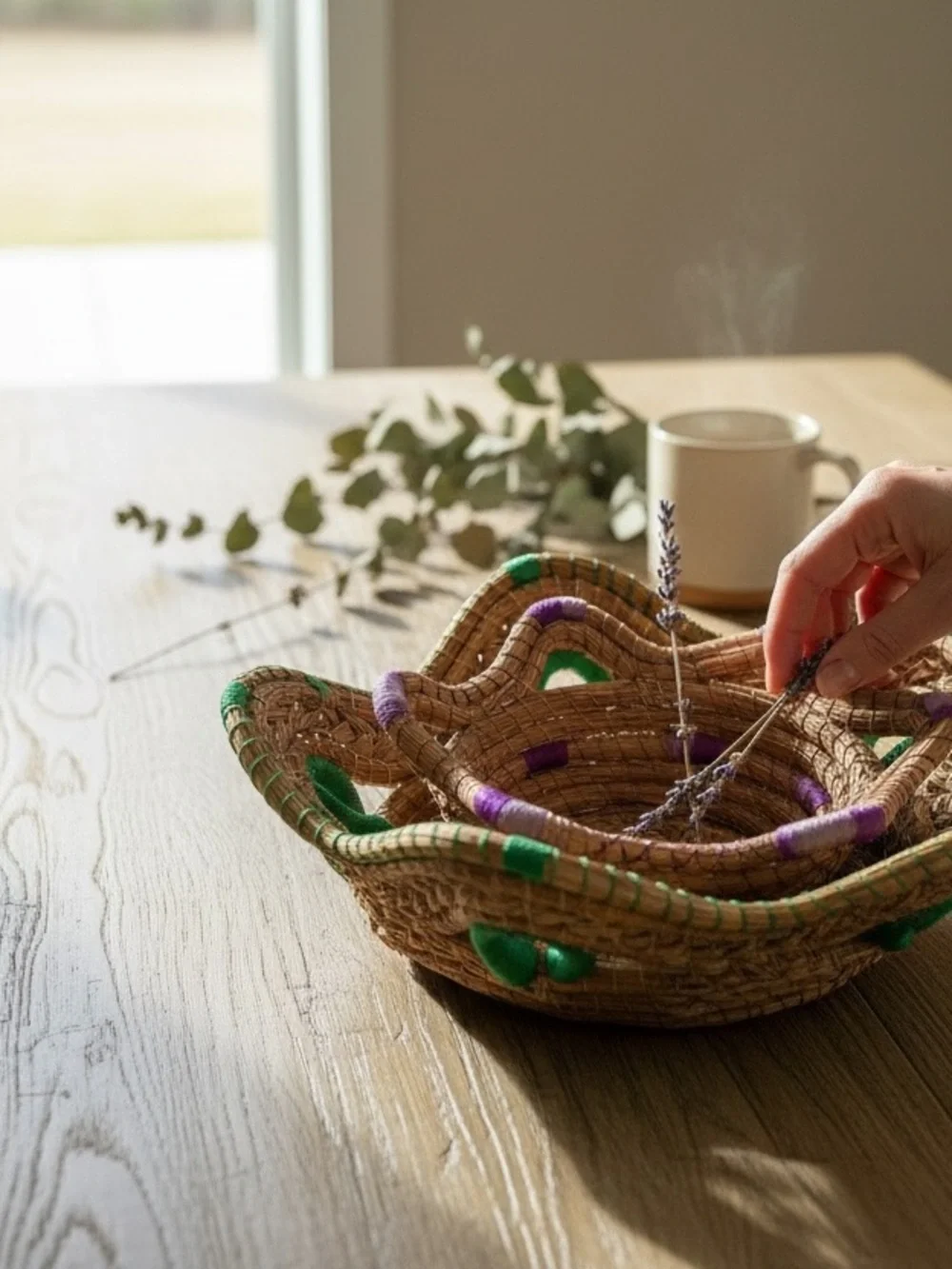 VTG Hand-Coiled Pine Needle Nesting Baskets Set of 2 Boho Star Wave Green Purple